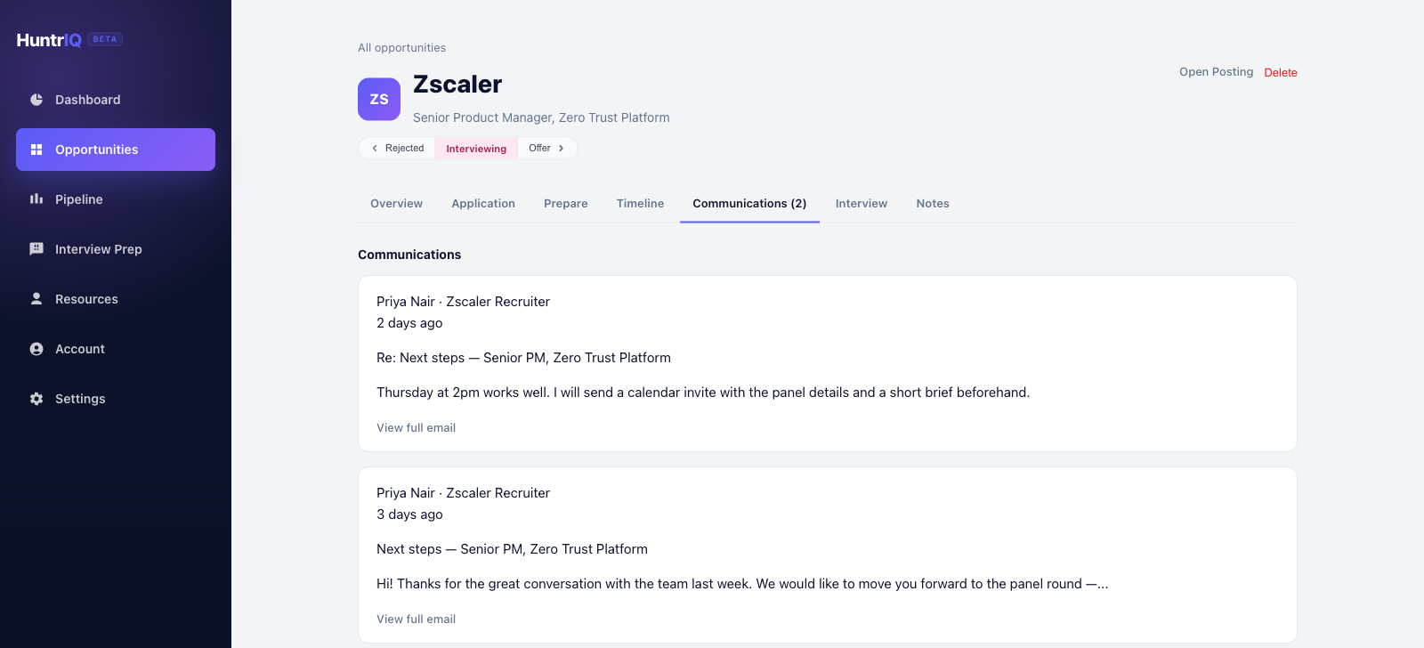 The Communications tab on a HuntrIQ opportunity, showing recruiter emails linked to the application