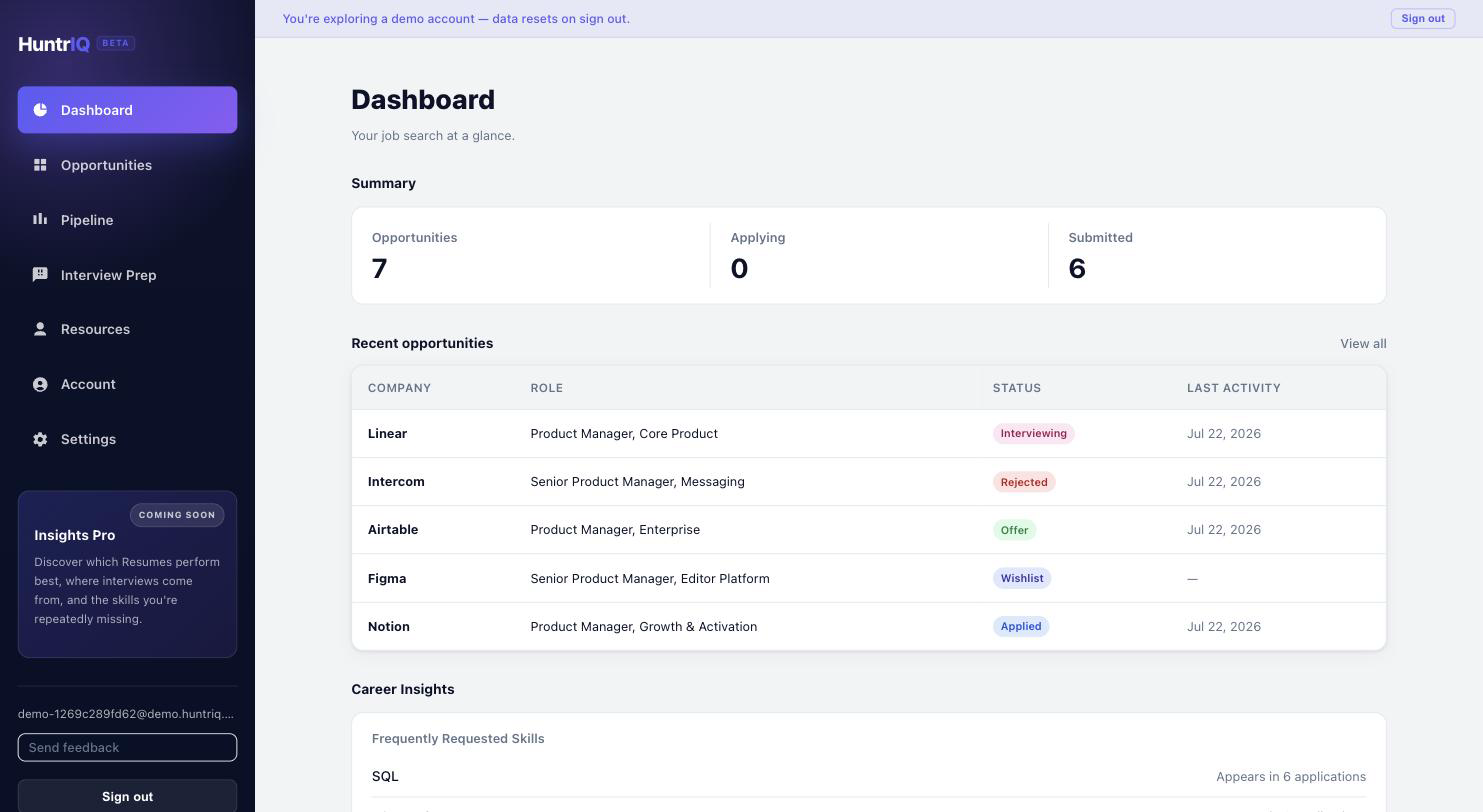 The HuntrIQ dashboard, showing an overview of active applications and upcoming activity