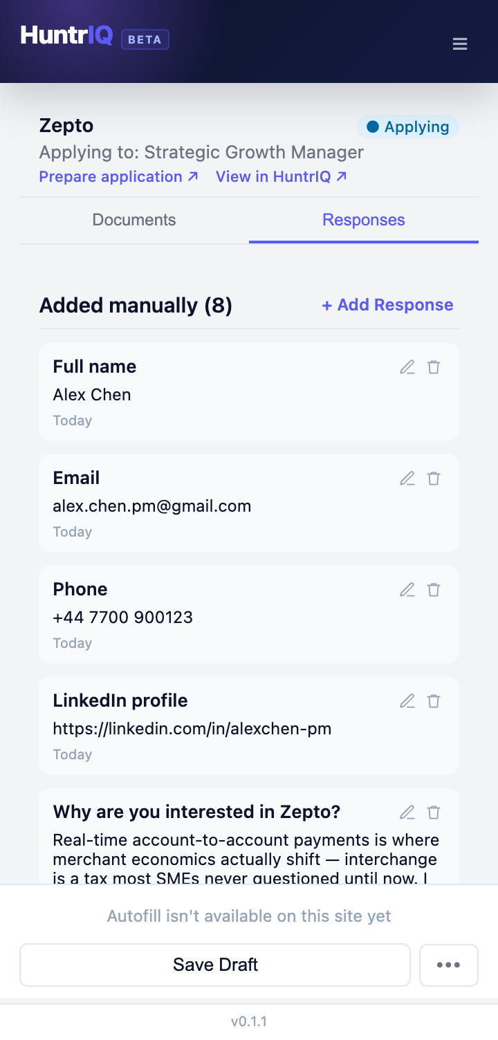 A close-up of the HuntrIQ extension panel, showing application answers captured automatically from a job posting