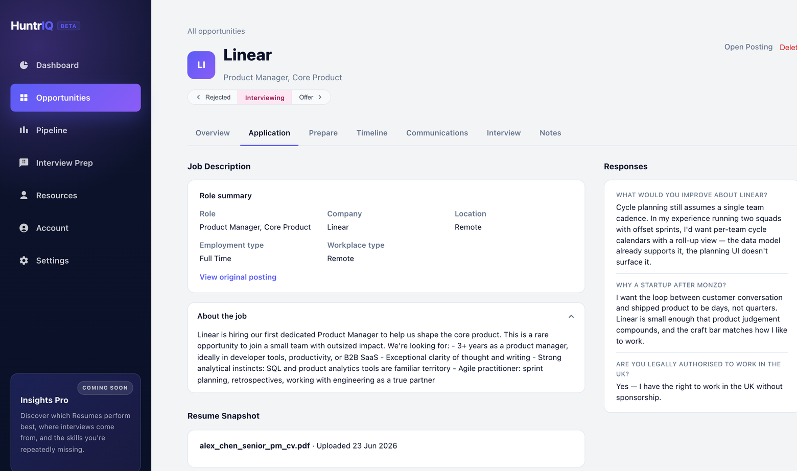 A HuntrIQ opportunity workspace, showing the job description, resume snapshot, and saved application answers together