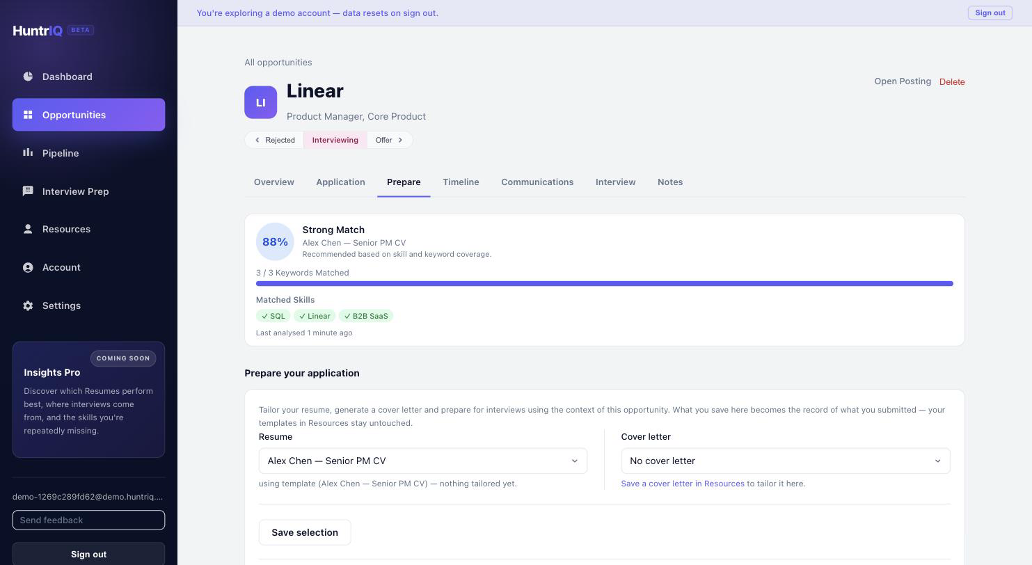 The HuntrIQ Prepare tab, showing an AI fit analysis and resume tailoring options for an opportunity